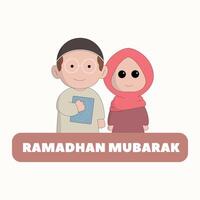 character cute ramadhan concept illustration happy muslim celebrate holy month ramadhan mosque sillhouette vector illustration