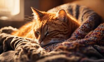 ai generado linda jengibre gato acostado en el cama con un calentar frazada. ai generativo foto