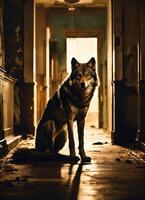 AI generated Portrait of a wolf in a dark corridor at night. ai generative photo
