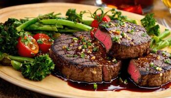 AI generated Beef steaks with asparagus and balsamic vinegar. ai generative photo