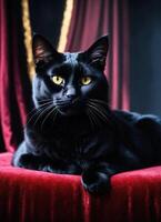 ai generado retrato de un negro gato con amarillo ojos en un oscuro antecedentes. ai generativo foto