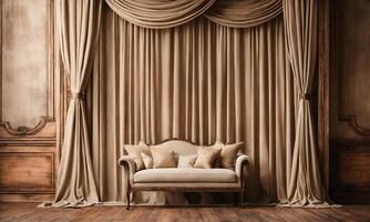 ai generado interior de un rústico habitación con un beige sofá y cortinas ai generativo foto