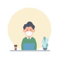 Man at desktop working with laptop Corporate worker Freelancer or office worker. Vector illustration in simple concept flat style