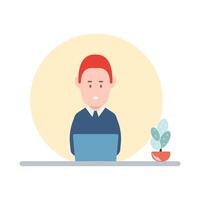 Man at desktop working with laptop Corporate worker Freelancer or office worker. Vector illustration in simple concept flat style