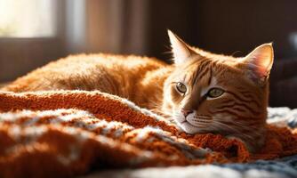 AI generated Cute ginger cat lying on the bed with a warm blanket. ai generative photo