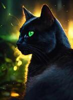 AI generated Portrait of a black cat with yellow eyes on a dark background. ai generative photo