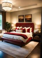 AI generated interior of classic bedroom, comfortable king size bed. ai generative photo