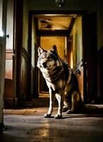 ai generado retrato de un lobo en un oscuro corredor a noche. ai generativo foto