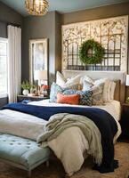 AI generated interior of classic bedroom, comfortable king size bed. ai generative photo