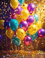 AI generated Celebration background with colorful balloons, confetti and golden ribbons. ai generative photo