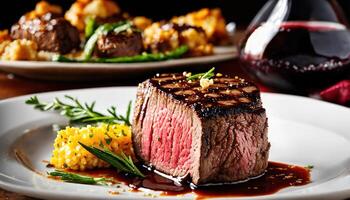 AI generated Beef steaks with asparagus and balsamic vinegar. ai generative photo