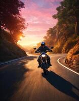 ai generado motociclista montando un motocicleta en un país la carretera a puesta de sol. ai generativo foto