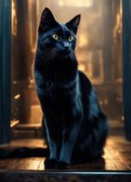 AI generated Portrait of a black cat with yellow eyes on a dark background. ai generative photo