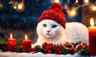 ai generado blanco gato en un rojo bufanda en el antecedentes de el Navidad árbol y velas ai generativo foto