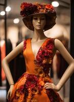 AI generated Fashionable evening orange summer dress on a mannequin. ai generative. ai generative photo