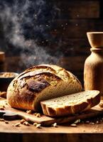 AI generated Freshly baked bread with sesame seeds on a wooden board. ai generative photo