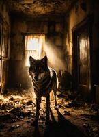 ai generado retrato de un lobo en un oscuro corredor a noche. ai generativo foto