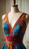 AI generated mini dress with low neckline on a mannequin. ai generative photo
