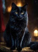 AI generated Portrait of a black cat with yellow eyes on a dark background. ai generative photo