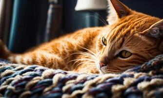 AI generated Cute ginger cat lying on the bed with a warm blanket. ai generative photo