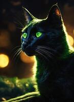 ai generado retrato de un negro gato con amarillo ojos en un oscuro antecedentes. ai generativo foto