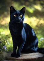 ai generado retrato de un negro gato con amarillo ojos en un oscuro antecedentes. ai generativo foto