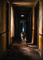 ai generado retrato de un lobo en un oscuro corredor a noche. ai generativo foto