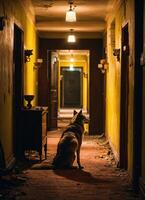AI generated Portrait of a wolf in a dark corridor at night. ai generative photo