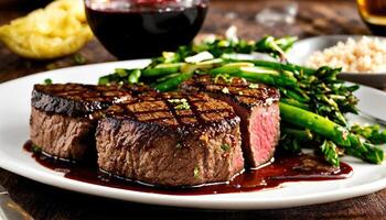 AI generated Beef steaks with asparagus and balsamic vinegar. ai generative photo