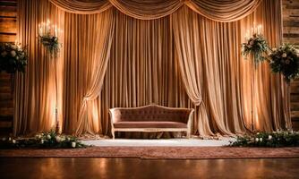 AI generated Interior of a rustic room with a beige sofa and curtains. ai generative photo