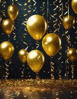 AI generated Celebration background with colorful balloons, confetti and golden ribbons. ai generative photo