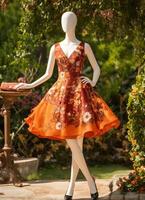 AI generated Fashionable evening orange summer dress on a mannequin. ai generative. ai generative photo