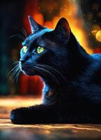 AI generated Portrait of a black cat with yellow eyes on a dark background. ai generative photo