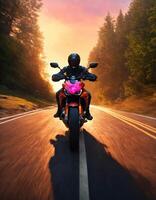 AI generated Motorcyclist riding a motorcycle on a country road at sunset. ai generative photo