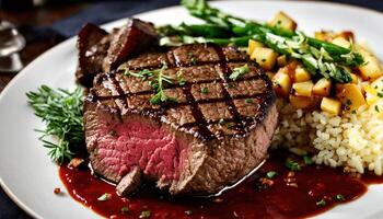AI generated Beef steaks with asparagus and balsamic vinegar. ai generative photo