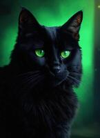 ai generado retrato de un negro gato con amarillo ojos en un oscuro antecedentes. ai generativo foto