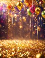 AI generated Celebration background with colorful balloons, confetti and golden ribbons. ai generative photo