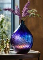 AI generated Colorful Decorative glass vase with green and blue pattern on the table. Close up. ai generative photo