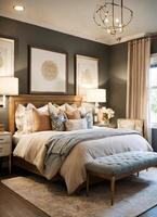 AI generated interior of classic bedroom, comfortable king size bed. ai generative photo