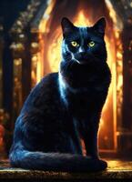 AI generated Portrait of a black cat with yellow eyes on a dark background. ai generative photo