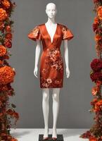 AI generated Fashionable evening orange summer dress on a mannequin. ai generative. ai generative photo