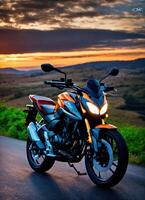 AI generated Motorcyclist riding a motorcycle on a country road at sunset. ai generative photo