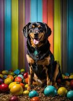 AI generated dog in a colorful wig. Selective focus. Toned. ai generative photo