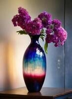 AI generated Colorful Decorative glass vase with green and blue pattern on the table. Close up. ai generative photo