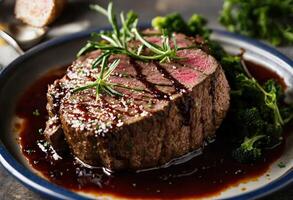 AI generated Beef steaks with asparagus and balsamic vinegar. ai generative photo