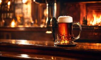 ai generado jarra de cerveza en un de madera mesa en un pub o bar. ai generativo foto
