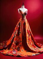 AI generated Fashionable evening orange summer dress on a mannequin. ai generative. ai generative photo