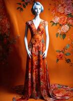 AI generated Fashionable evening orange summer dress on a mannequin. ai generative. ai generative photo