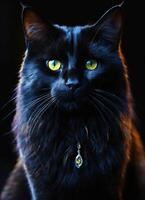 AI generated Portrait of a black cat with yellow eyes on a dark background. ai generative photo