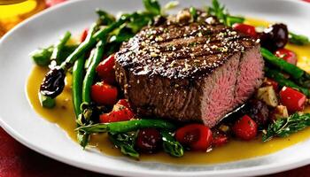 AI generated Beef steaks with asparagus and balsamic vinegar. ai generative photo